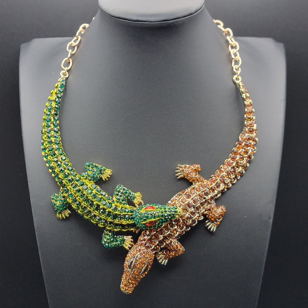 NOS Crystal Alligator Statement Necklace Green & Amber Rhinestone Crocodile Bib